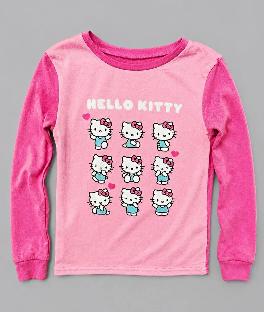 Sanrio Hello Kitty Girls Pink 2-Piece Long Sleeve Snug Fit Pajama Set 8